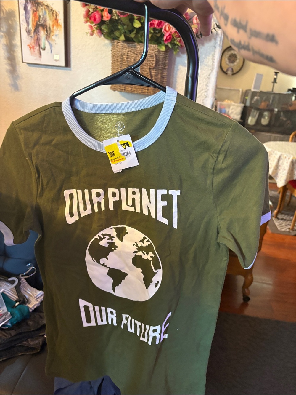 Our Planet Graphic Ringer Tee for Kids - Olive Green with Light Blue Trim
